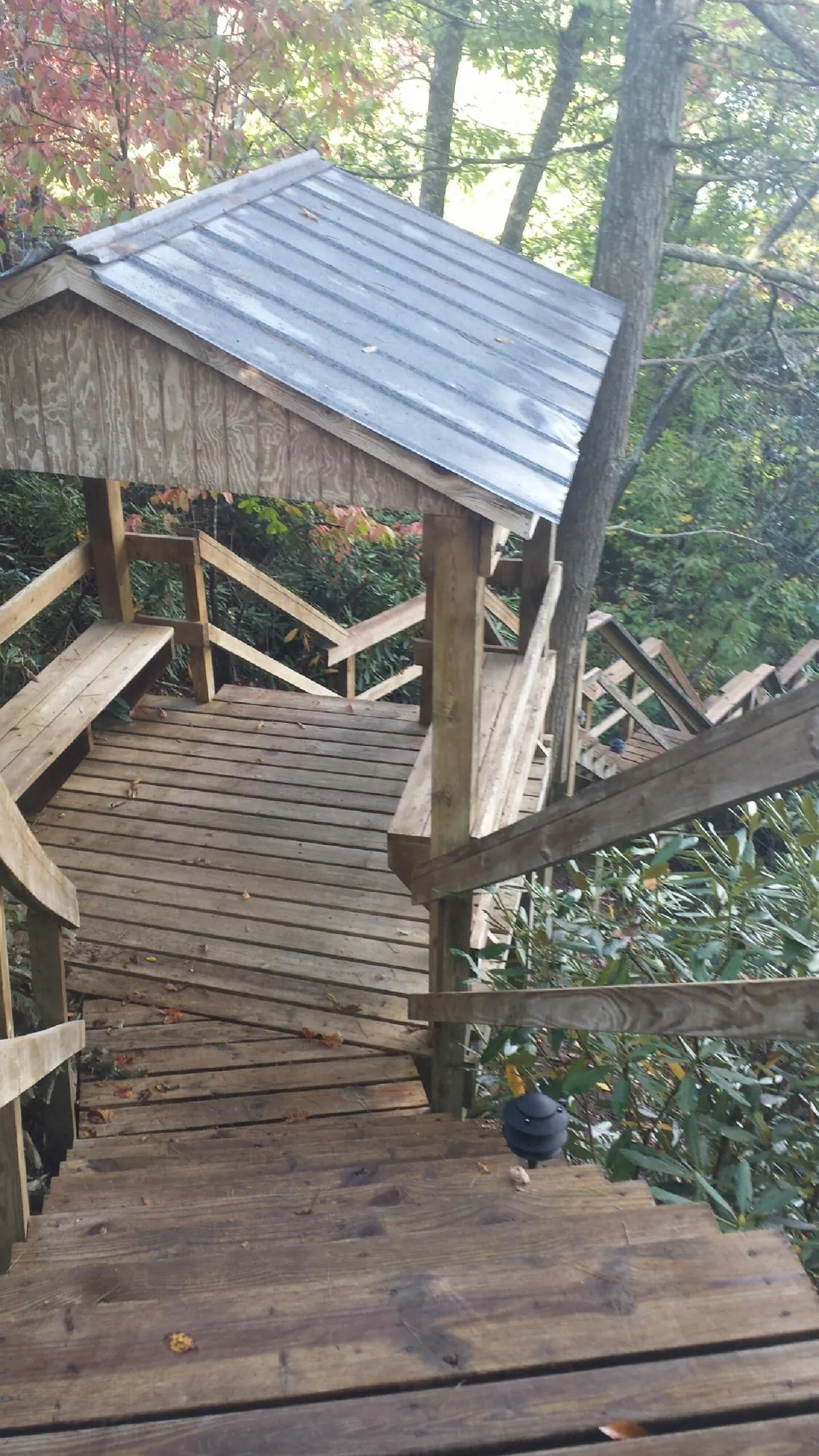 Metal roofed shelter over wooden steps on a wooded walkway — Skylight Repair & Installation work by our crew in Sardinia